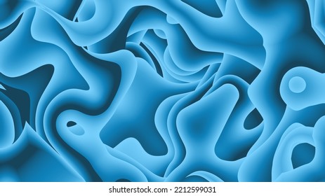 Modern And Artistic 3D Abstract Metallic Blue Color Paper Art Illustration Background. Futuristic Paper Cut Out, Fluid Or Porous Shapes. Liquid And Porous Metallic Blue Gradient Colors.