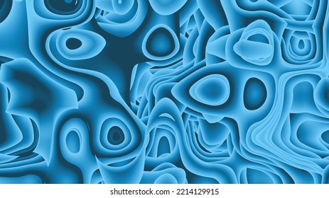 Modern And Artistic 3D Abstract Metallic Blue Color Paper Art Illustration Background. Futuristic Paper Cut Out, Fluid Or Porous Shapes. Liquid And Porous Metallic Blue Gradient Colors.