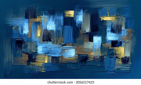 Modern artwork, rough brushstrokes, painting on canvas. Acrylic art, artistic texture. Abstract grungy background, hand painted cover, backdrop, dark blue with yellow accents