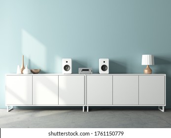 Modern Audio Stereo System Mockup And White Speakers On Bureau In Modern Interior, 3d Rendering