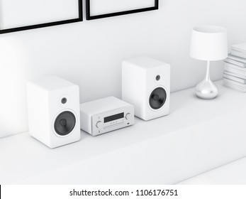 Modern Audio Stereo System With White Speakers On Bureau, 3d Rendering