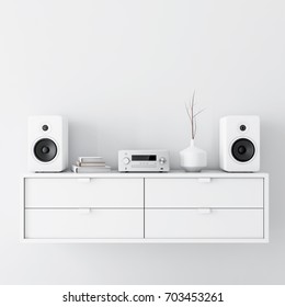 Modern Audio Stereo System With White Speakers On Bureau In Modern Interior, 3d Rendering