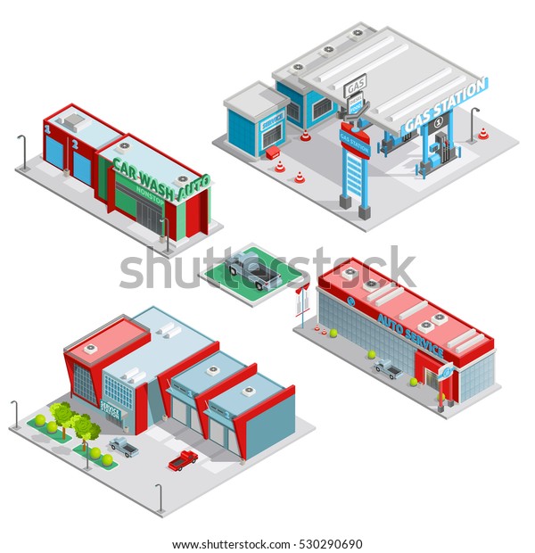 Modern auto service facilities isometric composition\
with gas station and car wash buildings abstract isolated \
illustration 