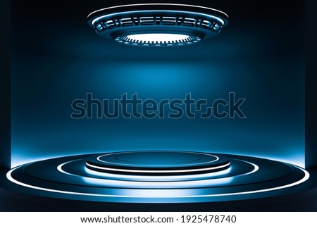 Modern background and empty stage with blue light, Future modern interior concept. showcase for product, 3d rendering