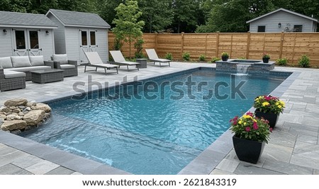 A modern backyard oasis features a rectangular pool with a waterfall feature, gray patio stones, stylish lounge chairs, and two matching gray sheds.