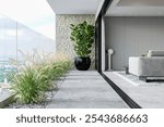 Modern Balcony with Stone Wall, Potted Plant, and City View Through Glass Railing