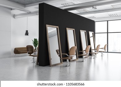 Modern barber shop corner with white and black walls, tall mirrors and comfortable beige chairs. 3d rendering - Powered by Shutterstock