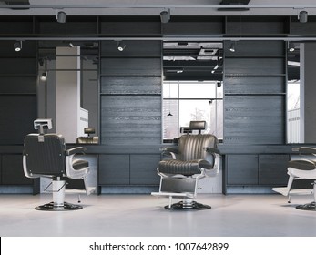 Modern Barbershop Interior With Black Chairs. 3d Rendering