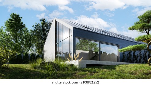 A Modern Barn House With A Mezzanine, Large Windows, And A Lovely Terrace With Garden  - 3d Render