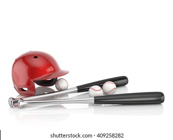 Modern Baseball Equipment. A Red Baseball Helmet, Metal Bat And White Leather Ball Isolated On A White Background With Copy Space. 3D Illustration.