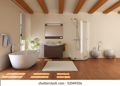 modernes Badezimmer mit Badewanne und WC.3D-Rendering