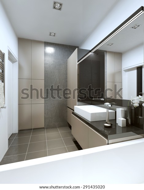 Modern bathroom with beige and gray\
furniture and a concrete floor and walls. 3D\
render.