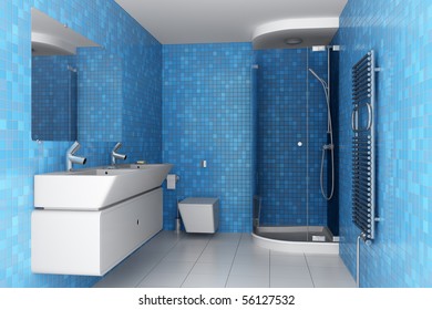 Modern Bathroom With Blue Tiles On Wall And White Equipment