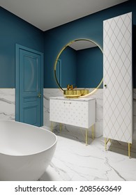 Modernes Badezimmer mit blauen Wänden und weißem Marmor mit einem großen, runden Spiegel und weißen Möbeln aus goldenem Trimm und einer Wanne in Form einer Schüssel. 3D-Darstellung.