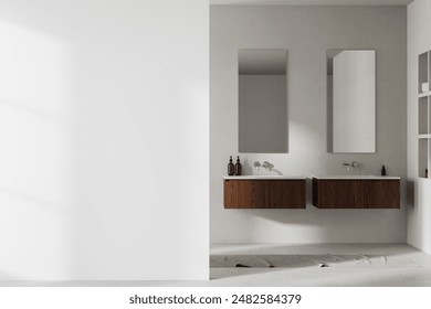 Modern bathroom with double sinks and wooden cabinets, neutral color on wall background, concept of a home or hotel interior design. 3D Rendering - Powered by Shutterstock