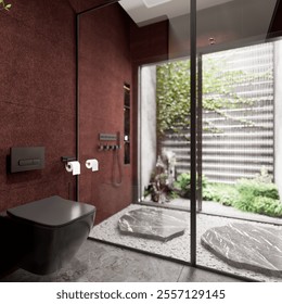 A modern bathroom featuring a black toilet, sleek fixtures, and a glass enclosure leading to an outdoor garden space. 3d rendering - Powered by Shutterstock