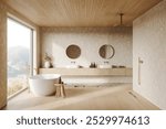 Modern bathroom with freestanding bathtub, double sinks, round mirrors, minimalist decor, large window, and wooden ceiling. 3D Rendering