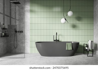 Modern bathroom with freestanding dark bathtub, green tiled wall background, and minimalist design. Concept of simple and serene interior.  3D Rendering