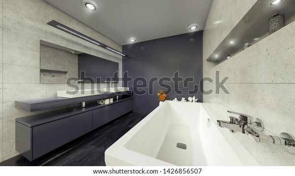 Modern Bathroom Interior 3d Rendering Minimalistic Stock
