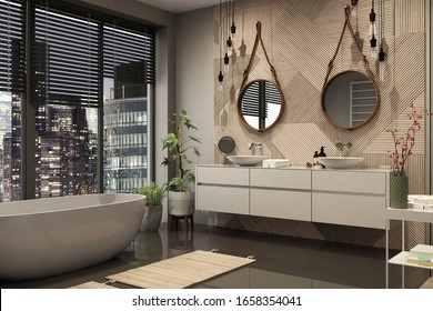 Modern Bathroom Interior With Beautiful Night City View. 3D Render