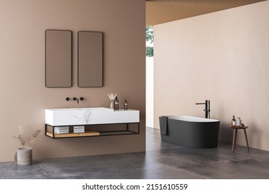 Modern Bathroom Interior With Beige Walls, Marble Basin With Double Mirror, Bathtub And Grey Concrete Floor. Minimalist Beige Bathroom With Modern Furniture. 3D Rendering