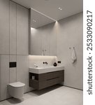 Modern bathroom interior, modern bathroom cabinet, white sink, wooden counter, bathroom accessories and toilet, 3D render