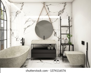 Modern Bathroom Interior Design,trend Design 2019 ,3d Rendering ,3d Illustration