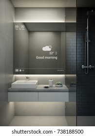 Modern Bathroom Interior With Digital Mirror 3D Render