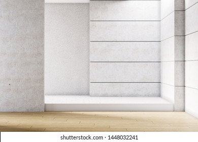 Modern  Bathroom Interior ,empty Room,wood Tile And White Stone Wall , 3drender