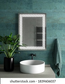 Modern Bathroom Interior With Stylish Illuminated Mirror And Sink. 3d Rendering