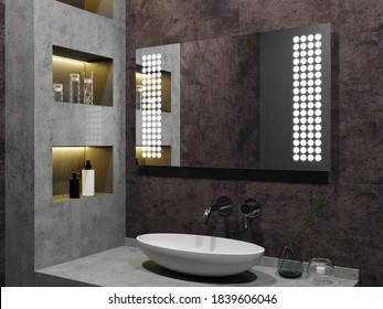 Modern Bathroom Interior With Stylish Illuminated Mirror And Sink. 3d Rendering