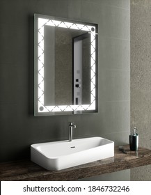 Modern Bathroom Interior With Stylish Illuminated Mirror And Sink. 3d Rendering