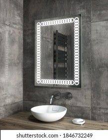 Modern Bathroom Interior With Stylish Illuminated Mirror And Sink. 3d Rendering