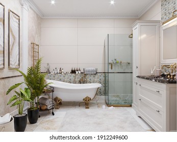 Modern bathroom interior with tiled walls and floor. 3d rendering - Shutterstock ID 1912249600