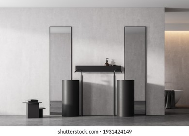 Modern bathroom interior with two marble sinks with rectangle vertical mirrors and white bathtub, in eco minimalist style with concrete floor and walls. No people. 3D Rendering
