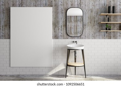 Modern bathroom interior with washbasin, shelves with items, mirror and empty banner. Mock up, 3D Rendering 