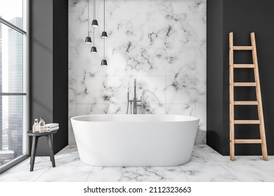 Modern Bathroom Interior With White Ceramic Bathtub. Marble Tiled Walls And Flooring. Panoramic Window. Ladder. No People. 3d Rendering.