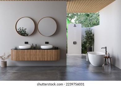 Modern bathroom interior with white walls, marble basin with double mirror, bathtub, a open air shower and grey concrete floor. Minimalist beige bathroom with modern furniture. 3D rendering
 - Shutterstock ID 2239756031