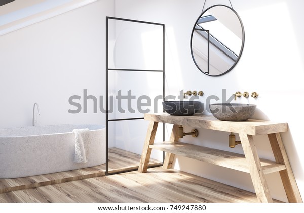 Nieuw Modern badkamer interieur met een houten stockillustratie 749247880 AA-11