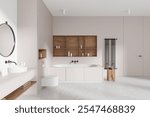 Modern bathroom with minimalist design, featuring wooden accents, white fixtures, and a neutral palette. Concept of luxury design. 3D Rendering