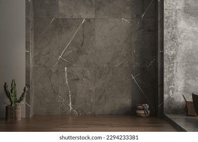 A modern bathroom mockup featuring a marble wall and concrete flooring, perfect for showcasing bathroom vanities. 3d rendering - Powered by Shutterstock