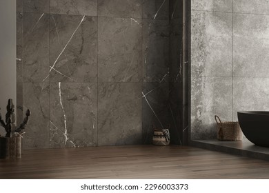 A modern bathroom mockup featuring a marble wall and concrete flooring, perfect for showcasing bathroom vanities. 3d rendering - Powered by Shutterstock