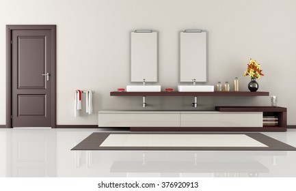 Modern Bathroom With Two Washbasin And Closed Door - 3D Rendering