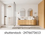 Modern bathroom with wooden accents, minimalist design, light background, concept of luxury home or hotel. 3D Rendering