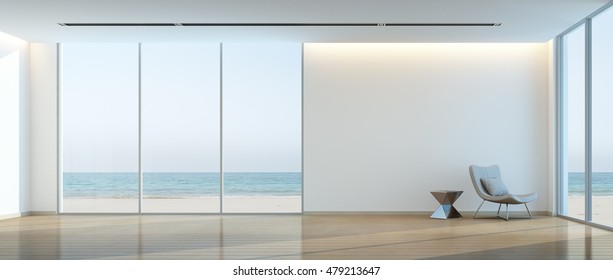 Modern Beach House Interior, Relaxing Sea View Living Room - 3d Rendering