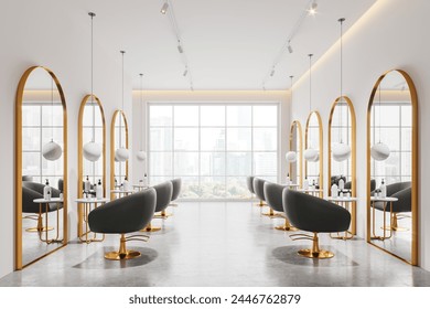 Modern beauty salon interior with armchairs and mirrors in row, cosmetics on table. Skin care or hairdressing studio. Panoramic window on Bangkok skyscrapers. 3D rendering - Powered by Shutterstock