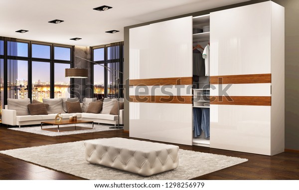 Modern Bedroom Design Sliding Wardrobe Evening Stock