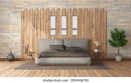 Modern Bedroom With Double Bed Against Wooden Panel And Stone Wall - 3d Rendering