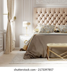 Modern Bedroom Interior In Beige Tones. 3d Rendering Empire Style