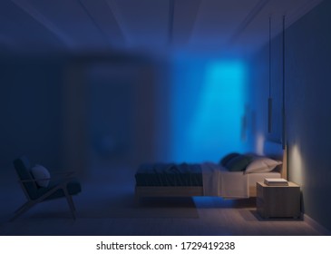 Modern Bedroom Interior Blue Walls Night Stock Illustration 1729419238 ...